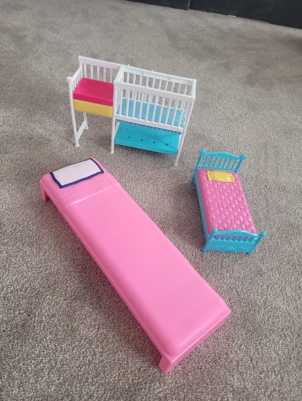 Barbie Pink, Blue & Yellow Doll Bed and Crib Set
